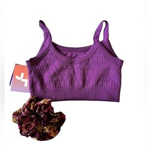 JoyLab Textured Seamless Purple Sports Bra Size S Stretches Non Padded+Scrunchie